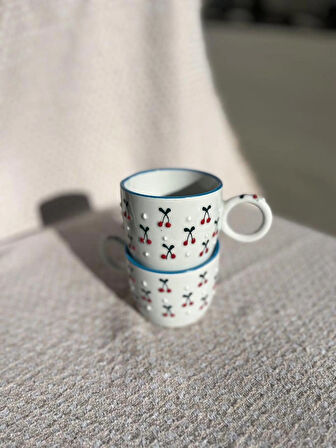 KİRAZLI  Seramik Kupa Fincan Bardak Mug Seramik Double Türk Kahve Fincanı