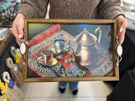 AHŞAP ÇERÇEVELİ SERAMİK ÜZERİNE BASKILI SUNUM TEPSİSİ KAHVE SETİ BASKILI