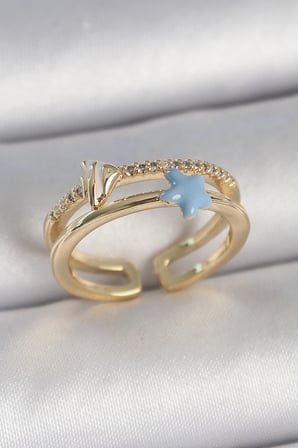 Pirinç Gold Renk 2'Li Zirkon Taşlı Mavi Yıldız Figür Ayarlanabilir Kadın