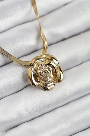 316L Çelik Gül Figürlü İtalyan Zincir Model Gold Renk Kadın Kolye 5886