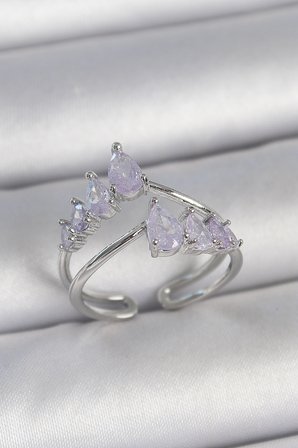 Pirinç Gümüş Renk Mor Damla Zirkon Taşlı Taç Model Kadın Yüzük 5886