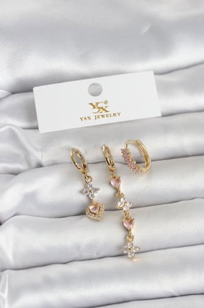 Pirinç Gold Renk Pembe Zirkon Taşlı 3'lü Kadın Küpe 5886