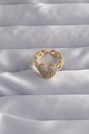 Pirinç Ayarlamalı Gold Renk Zirkon Taşlı Bombeli Kalp Yüzük 5886