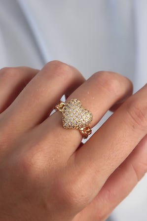 Pirinç Ayarlamalı Gold Renk Zirkon Taşlı Bombeli Kalp Yüzük 5886