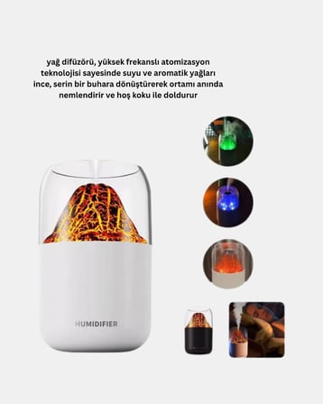 Ultrasonik Alev Efektli Aromaterapi Difüzörü USB Şarjlı ve Otomatik Kapanma Öz