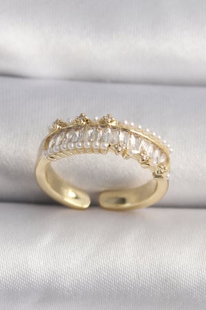 Pirinç Gold Renk Zirkon Taşlı İnci Detay VIP Seri Kadın Yüzük 5886