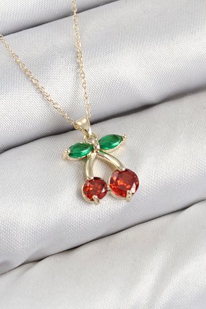 Pirinç Zirkon Taşlı Kiraz Model Gold Renk Kadın Kolye 5886
