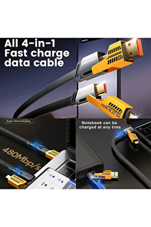 Çoklu Şarj Kablosu USB Type-C iPhone iPad Lightning 4 in 1 Şarj ve Data Kablosu