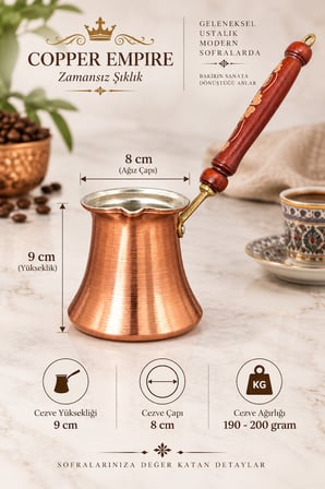 Copper Empire Bakır Cezve 9x8 cm Ahşap İşlemeli Saplı Geleneksel Türk Kahvesi Cezvesi