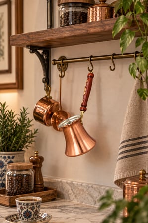 Copper Empire Bakır Cezve 9x8 cm Ahşap İşlemeli Saplı Geleneksel Türk Kahvesi Cezvesi