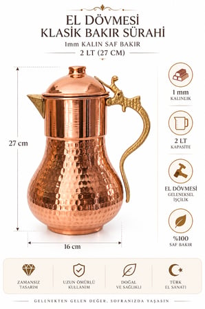 Copper Empire El Dövmesi Klasik Saf Bakır Sürahi 2 Litre 1 Mm – 27 Cm