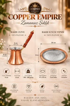 Copper Empire Bakır Cezve Sunum Tabağı Seti | Türk Kahvesi ve İkram Seti