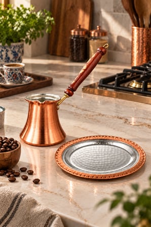 Copper Empire Bakır Cezve Sunum Tabağı Seti | Türk Kahvesi ve İkram Seti