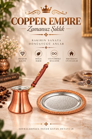 Copper Empire Bakır Cezve Sunum Tabağı Seti | Türk Kahvesi ve İkram Seti
