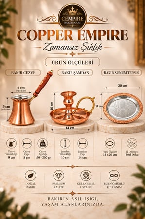 Copper Empire 3'lü Bakır Kahve Sunum Seti Cezve Şamdan Sunum Tabağı El Dövmesi