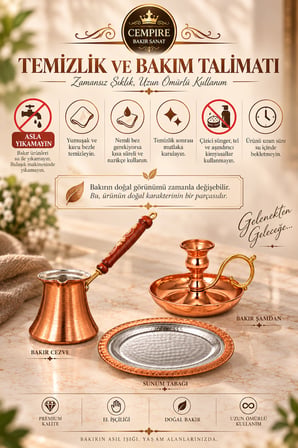 Copper Empire 3'lü Bakır Kahve Sunum Seti Cezve Şamdan Sunum Tabağı El Dövmesi