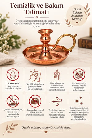Copper Empire Bakır Şamdan – El Yapımı Parlak Bakır Mumluk, Dekoratif Kulplu Şamdan 14x10 cm