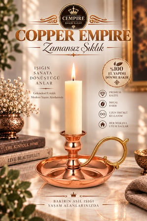 Copper Empire Bakır Şamdan – El Yapımı Parlak Bakır Mumluk, Dekoratif Kulplu Şamdan 14x10 cm