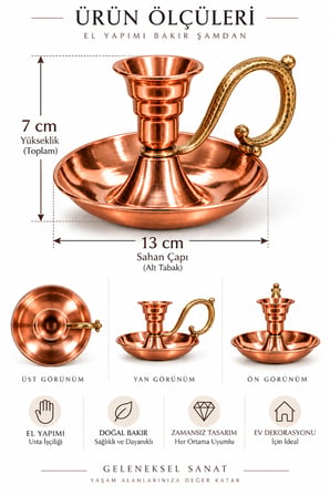 Copper Empire El Yapımı Bakır Şamdan Mumluk – Parlak Bakır Dekoratif Şamdan 13 cm x 7 cm
