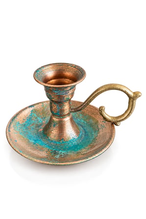 Copper Empire Mavi Patina Bakır Şamdan El Yapımı Kulplu Dekoratif Mumluk