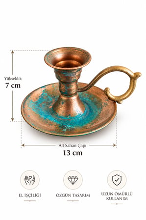 Copper Empire Mavi Patina Bakır Şamdan El Yapımı Kulplu Dekoratif Mumluk