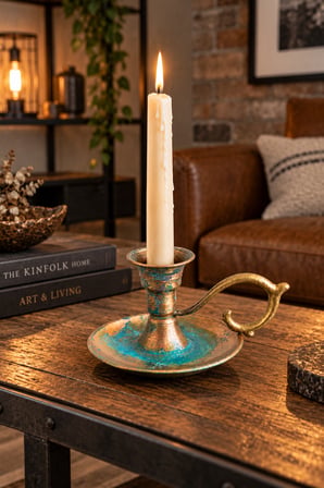 Copper Empire Mavi Patina Bakır Şamdan El Yapımı Kulplu Dekoratif Mumluk