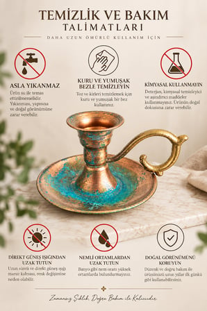 Copper Empire Mavi Patina Bakır Şamdan El Yapımı Kulplu Dekoratif Mumluk