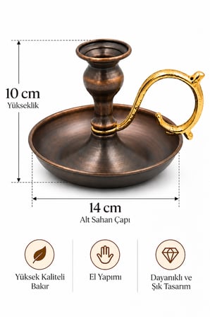 Copper Empire El Yapımı Bakır Şamdan Mumluk – Antrasit Antik Görünümlü Dekoratif Şamdan 14x10 cm