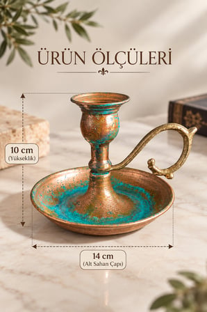 Copper Empire Patinalı Bakır Şamdan Dekoratif Kulplu Mumluk 14x10 cm