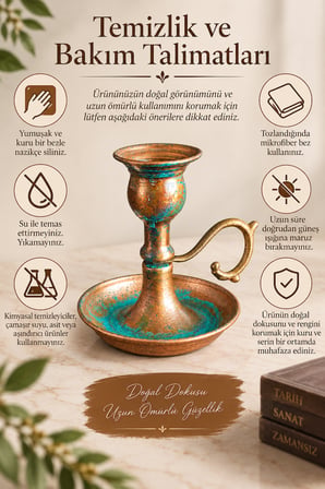 Copper Empire Patinalı Bakır Şamdan Dekoratif Kulplu Mumluk 14x10 cm