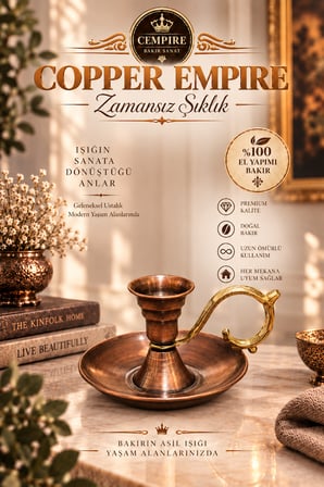 Copper Empire Geleneksel El Yapımı Bakır Şamdan Mumluk – Eskitme Antrasit Görünümlü Dekoratif Kıvrımlı Şamdan 13x7 cm