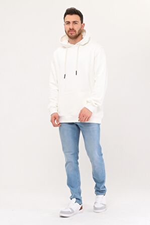 Erkek Kapüşonlu Ekru Sweatshirt Hoodie