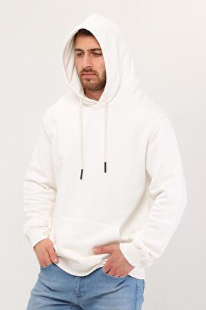 Erkek Kapüşonlu Ekru Sweatshirt Hoodie