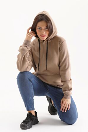 Kadın Kapüşonlu Sütlü Kahve Sweatshirt Hoodie