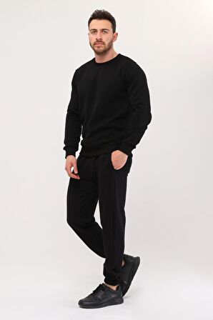 Erkek Siyah Bisiklet Yaka Sweatshirt