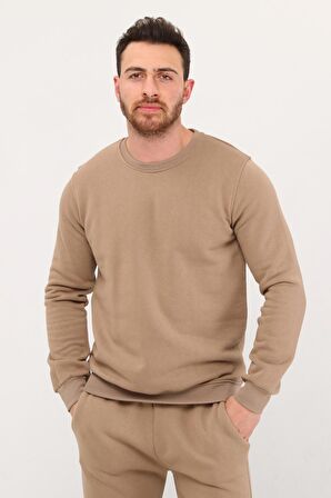 Erkek Sütlü Kahve Bisiklet Yaka Sweatshirt