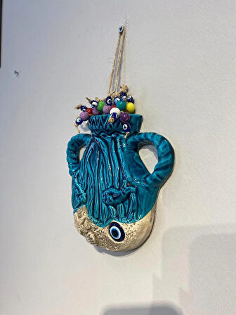 EL YAPIMI NAZAR BONCUĞU, DUVAR DEKORASYON ÜRÜNÜ, SERAMİK, EL İŞÇİLİĞİ, TURKUAZ RENKTE SAKSI DESEN