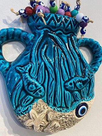 EL YAPIMI NAZAR BONCUĞU, DUVAR DEKORASYON ÜRÜNÜ, SERAMİK, EL İŞÇİLİĞİ, TURKUAZ RENKTE SAKSI DESEN