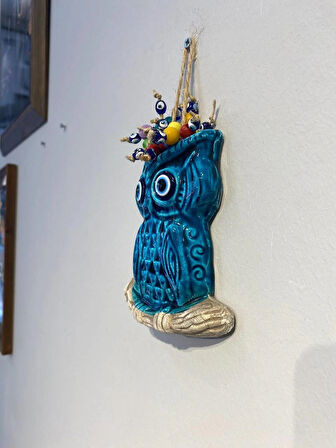 EL YAPIMI NAZAR BONCUĞU, DUVAR DEKORASYON ÜRÜNÜ, SERAMİK, EL İŞÇİLİĞİ, TURKUAZ RENKTE BAYKUŞ DESEN