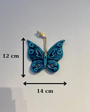 EL YAPIMI NAZAR BONCUĞU, DUVAR DEKORASYON ÜRÜNÜ, SERAMİK, EL İŞÇİLİĞİ, TURKUAZ RENKTE KELEBEK DESEN