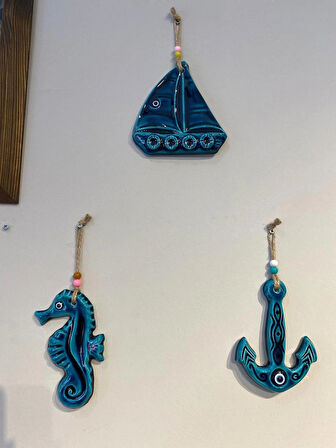 EL YAPIMI NAZAR BONCUĞU, DUVAR DEKORASYON ÜRÜNÜ, SERAMİK, EL İŞÇİLİĞİ, TURKUAZ RENKTE 3 DESEN MOTİFLİ