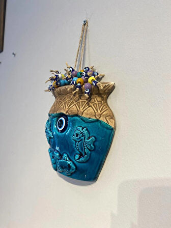 EL YAPIMI NAZAR BONCUĞU, DUVAR DEKORASYON ÜRÜNÜ, SERAMİK, EL İŞÇİLİĞİ, TURKUAZ RENKTE VAZO DESEN