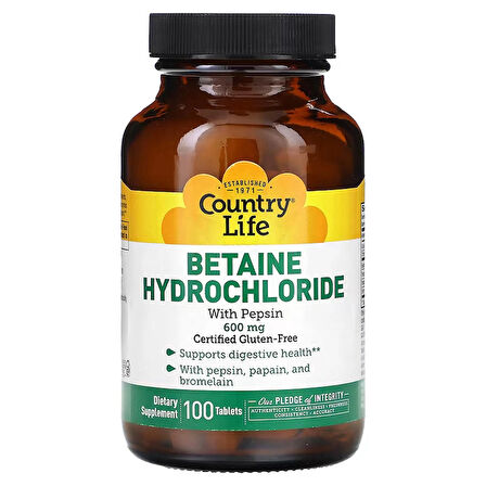 Country Life Betaine Hydrochloride with Pepsin Digestive Health 600mg 100 Tablet