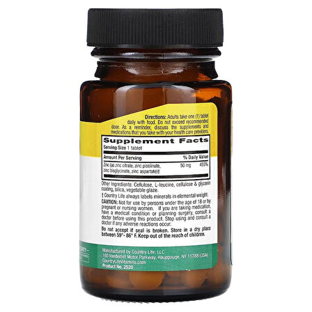 Country Life Target-Mins Zinc citrate , picolinate , bisglycinate 50 mg 90 Tablet Immune Health