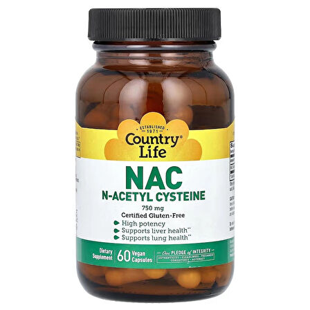 Country Life NAC, N-Asetil Sistein, 750 mg, 60 Vegan Kapsül