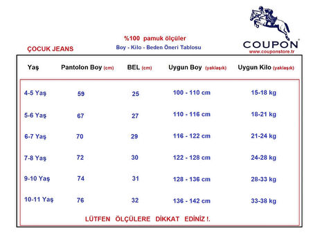 Çocuk Kot Pantolon / %100 Pamuk