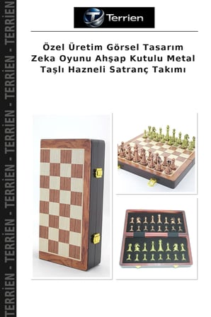 Özel Üretim Görsel Tasarım Zeka Oyunu Ahşap Kutulu Metal Taşlı Hazneli Satranç Takımı