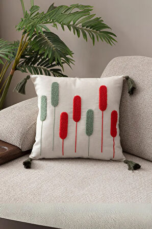 Buğday Desenli Punch Kırlent Kılıfı Tekli, Comfort Panç Yastık Kılıfı, Püsküllü 43x43cm