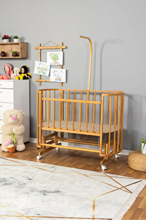 Ahşap Beşik Anne Yanı Yeni Doğan Papatya Doğal Bebek Beşiği UYKU SETSİZ + TEKERLEKLİ