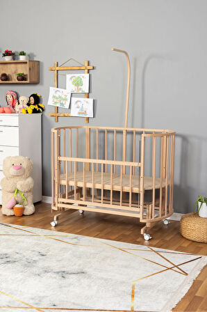 Ahşap Beşik Anne Yanı Yeni Doğan Papatya Organik Bebek Beşiği UYKU SETSİZ + TEKERLEKLİ